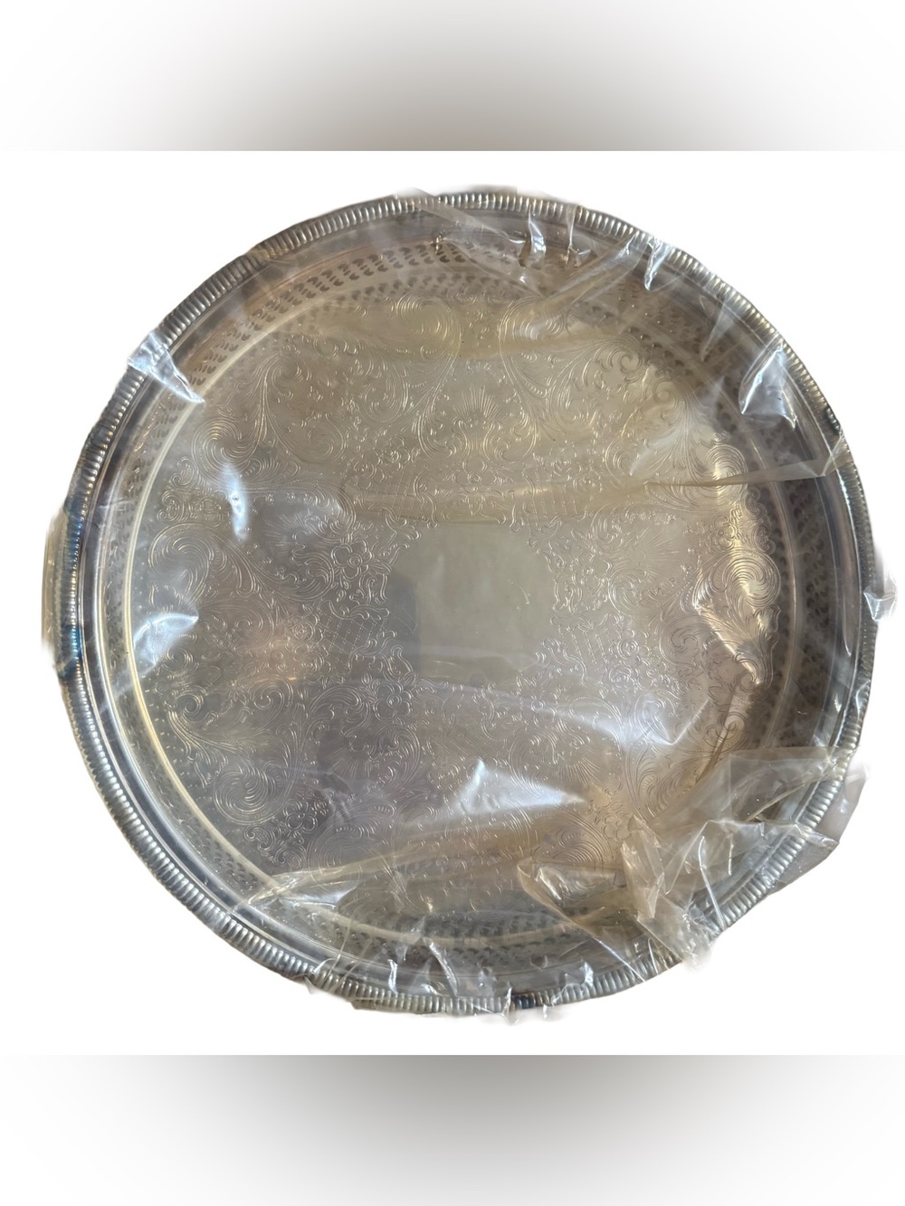 International Silver Company 12 Inch Round Gallery Tray Etched Floral Vintage